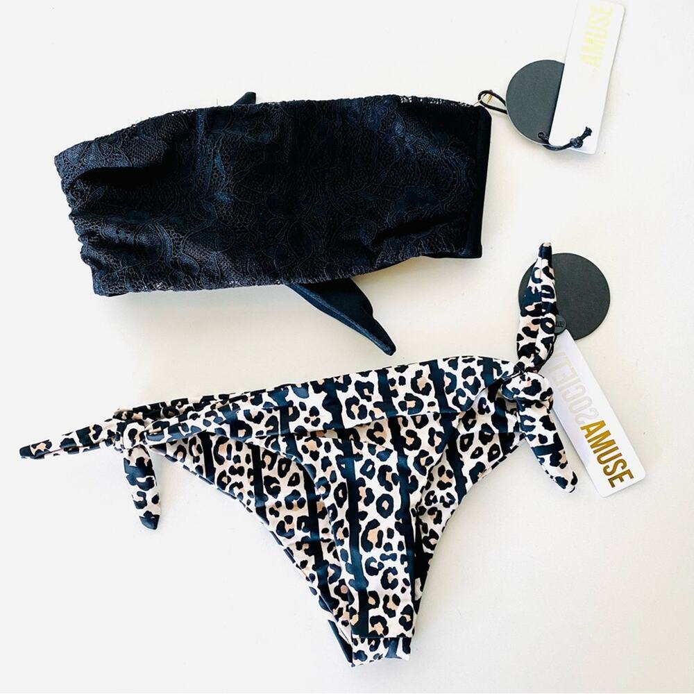 NEW ANTHROPOLOGIE AMUSE SOCIETY Lace Tie Bandeau Black Print Bikini Swimsuit XS
